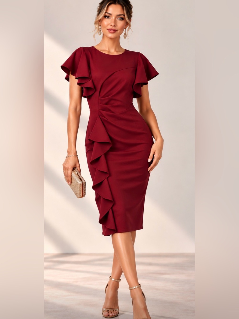 Elegant Women's Burgundy Ruffle Sheath Dress